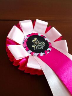 Kotylion podwójny z listkami - fuksja / pudrowy róż - 2